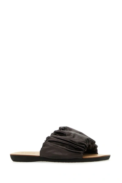 Shop Jil Sander Woman Dark Brown Leather Slippers