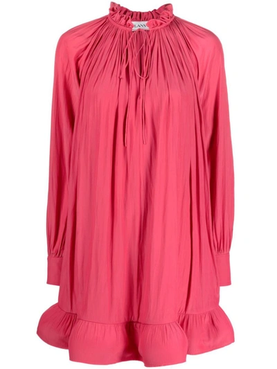 Shop Lanvin Long Sleeve Short Dress With Ruffles Clothing In 594 Watermelon