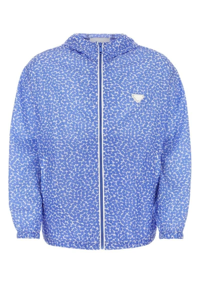 Prada Patterned Lightweight Windbreaker With Elasticated Cuffs In Blue