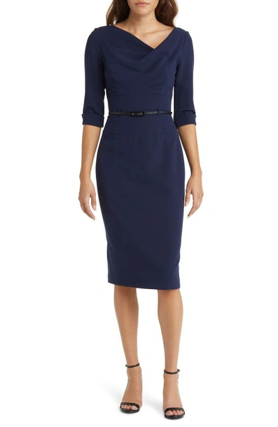 Shop Black Halo Belted Drape Neck Sheath Dress In Pacific Blue