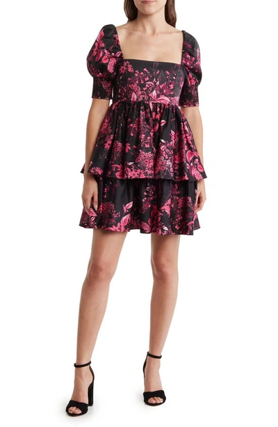 Shop Alice And Olivia Emmalou Floral Tiered Stretch Cotton Dress In Edens Garden Wild Pink