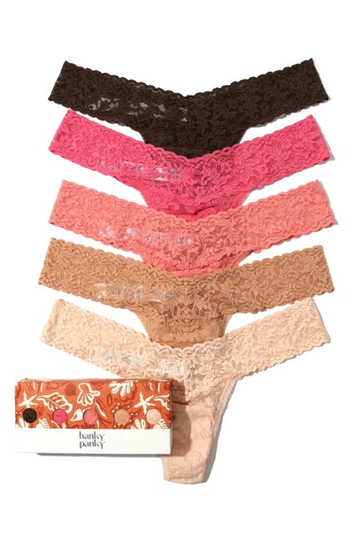 Shop Hanky Panky Assorted 5-pack Lace Low Rise Thongs In Dutch Chocolate/guava