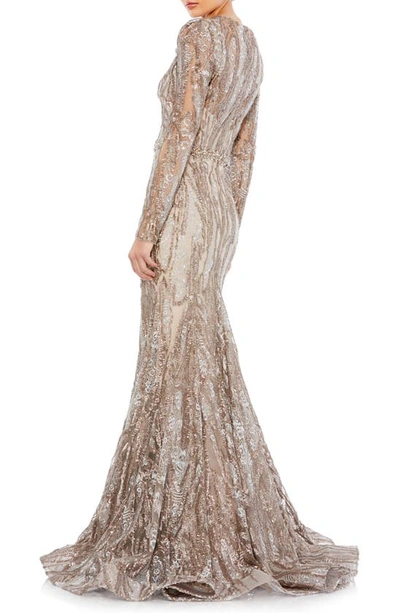 Shop Mac Duggal Plunge Neck Sequin Long Sleeve Mermaid Gown In Taupe