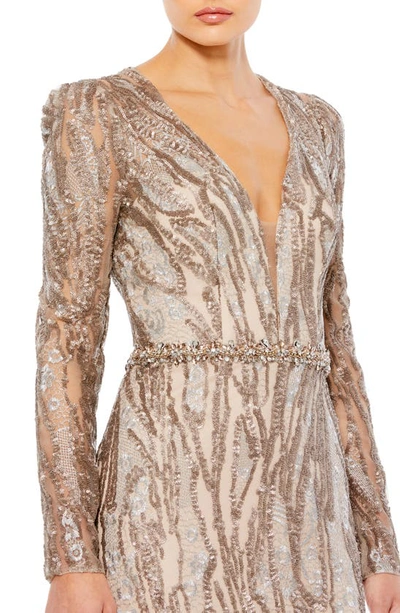 Shop Mac Duggal Plunge Neck Sequin Long Sleeve Mermaid Gown In Taupe