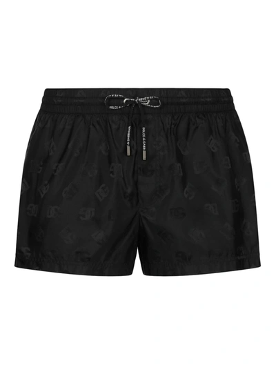 Shop Dolce & Gabbana Short Jacquard Swim Trunks With Dg Monogram In Black