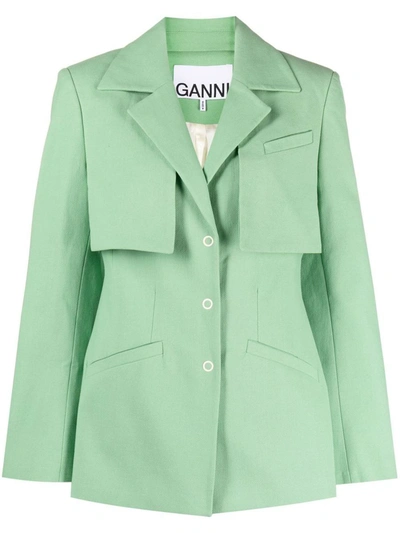 Shop Ganni Cotton Suiting Blazer In Green