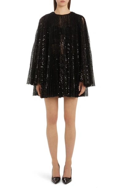 Shop Dolce & Gabbana Sequin Long Sleeve Tulle Minidress In Black