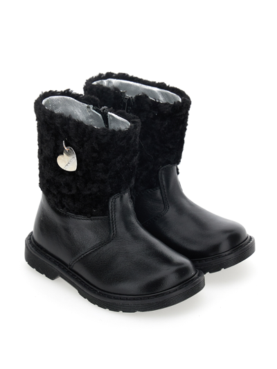Monnalisa Laminated And Plush Ankle Boots In Black