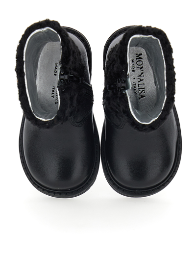 Monnalisa Laminated And Plush Ankle Boots In Black