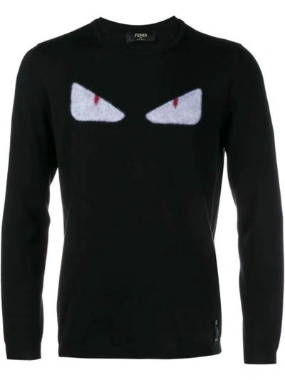 Fendi Intarsia Monster Eyes Wool Knit Sweater In Black/white