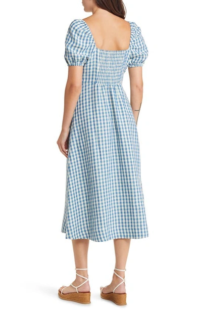 Boden Check Puff Sleeve Linen A-line Midi Dress In Blue Gingham