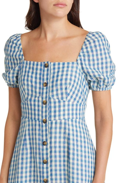 Boden Check Puff Sleeve Linen A-line Midi Dress In Blue Gingham