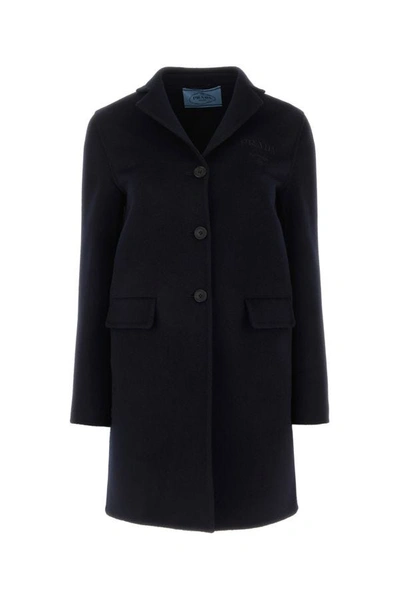 Shop Prada Woman Midnight Blue Wool Blend Coat In Black