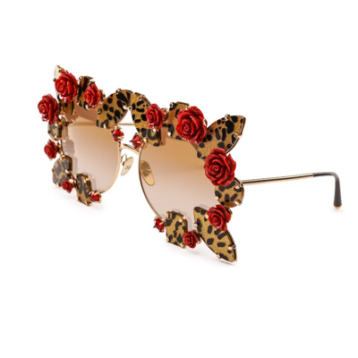 Pre-owned Dolce & Gabbana Leopard Rose Crystal Oversize Sunglasses Red Gold Dg2207 12663 In Gray