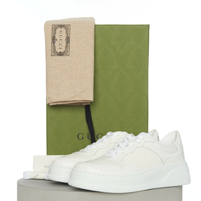 Pre-owned Gucci 850$ Men's White Leather Low Top Sneaker - Gg Embossed, Chunky