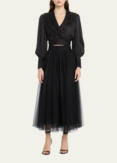 Shop Zimmermann Silk Blouson-sleeve Wrap Top In Black