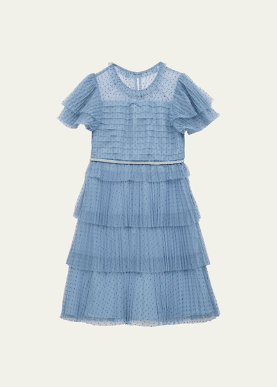Shop Self-portrait Girl's Dotted Mesh Tiered Dress In Blue