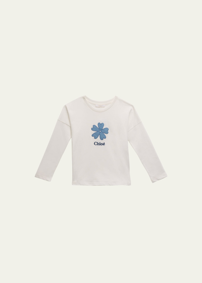 Shop Chloé Girl's Denim Flower Logo-print T-shirt In 117 Offwhite