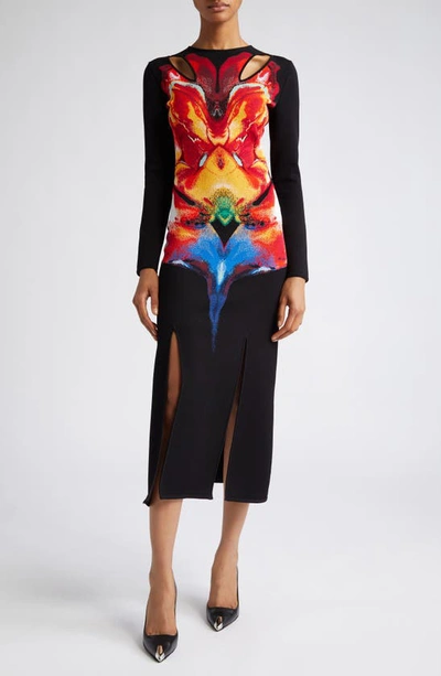 Shop Alexander Mcqueen Orchid Cutout Long Sleeve Jacquard Dress In 1160 Black/ Red/ Yellow