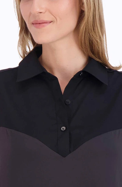 Foxcroft Mixed Media Sleeveless Layered Shirt In Black