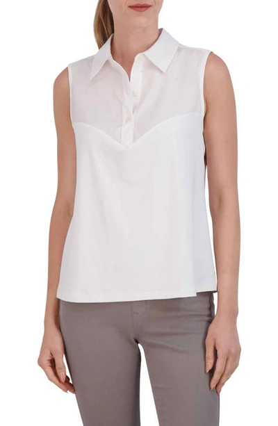 Shop Foxcroft Mixed Media Sleeveless Button-up Shirt In White