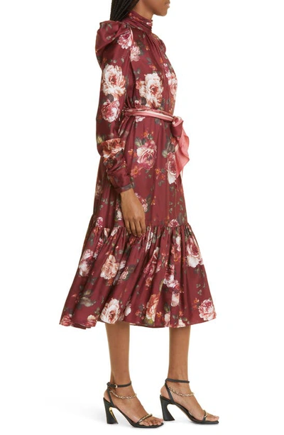 Shop Zimmermann Floral Long Sleeve Silk Dress In Burgundy Floral Print