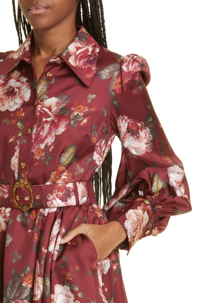 Shop Zimmermann Floral Long Sleeve Silk Shirtdress In Burgundy Floral Print