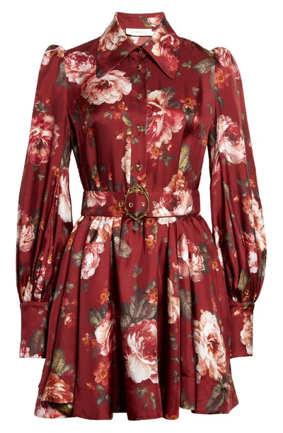Shop Zimmermann Floral Long Sleeve Silk Shirtdress In Burgundy Floral Print