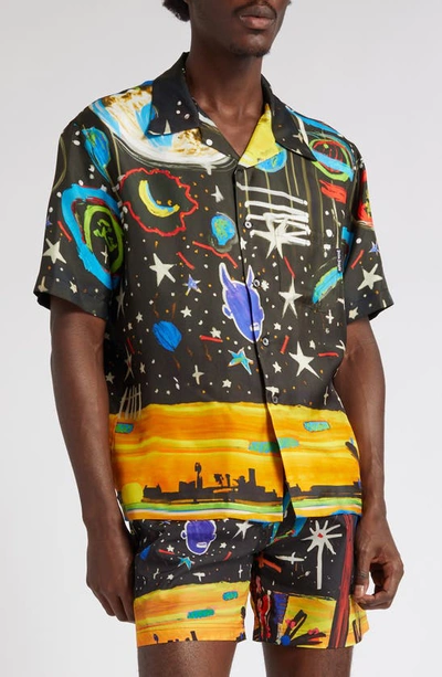 Shop Palm Angels Starry Night Short Sleeve Silk Button-up Bowling Shirt In Black Multicolor
