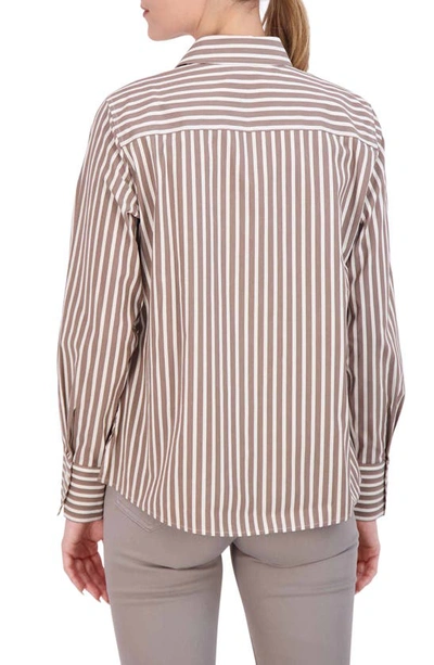 Shop Foxcroft Mary Stripe Stretch Button-up Shirt In Brown