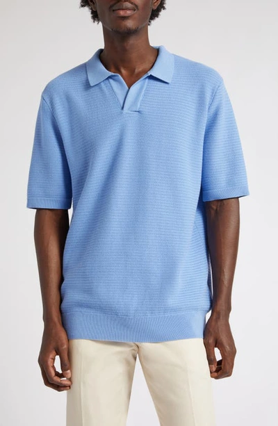 Shop Sunspel Textured Johnny Collar Polo Sweater In Cool Blue