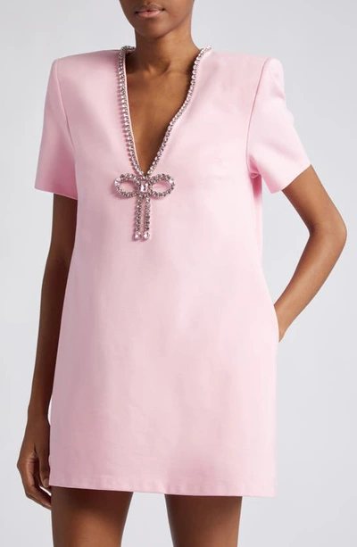 Area Crystal Bow V Neck T-shirt Dress In Pale Pink