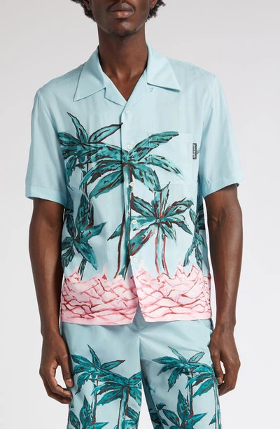 Shop Palm Angels Palms Row Short Sleeve Button-up Bowling Shirt In Light Blue Green