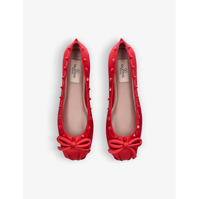 Shop Valentino Garavani Red Rockstud Bow-embellished Satin Ballet Flats