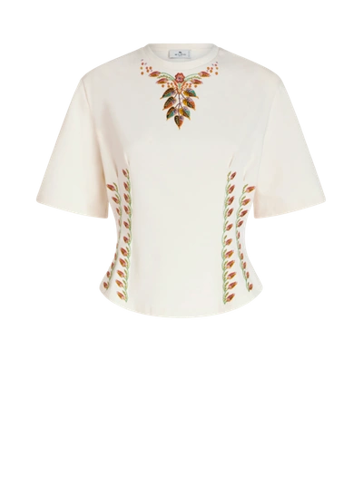 Shop Etro Waist Fitted T-shirt With Foliage Embroidery In White