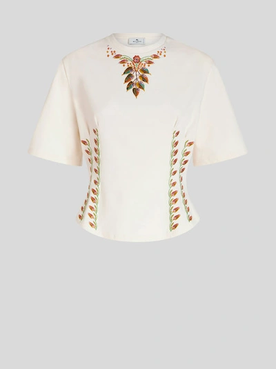 Shop Etro Waist Fitted T-shirt With Foliage Embroidery In White