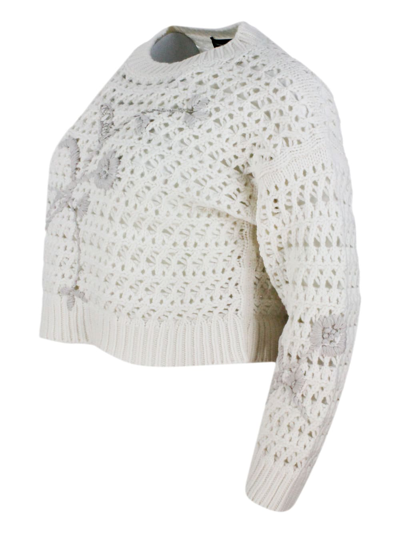 Shop Fabiana Filippi Long-sleeved Round-neck Sweater In Platinum Wool, Silk And Cashmere Yarn With Embroidery And Chain O In Cream
