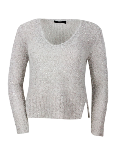 Shop Fabiana Filippi Long-sleeved V-neck Sweater In Mohair Bouclè With Sequins, Side Slits And Slim Fit In Beige