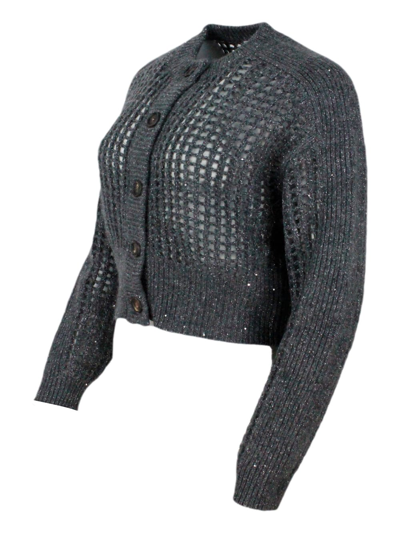 Shop Brunello Cucinelli Long-sleeved Mesh Cardigan Sweater In Fine Wool, Cashmere And Mohair Embellished With Lamè Yarn For  In Grey