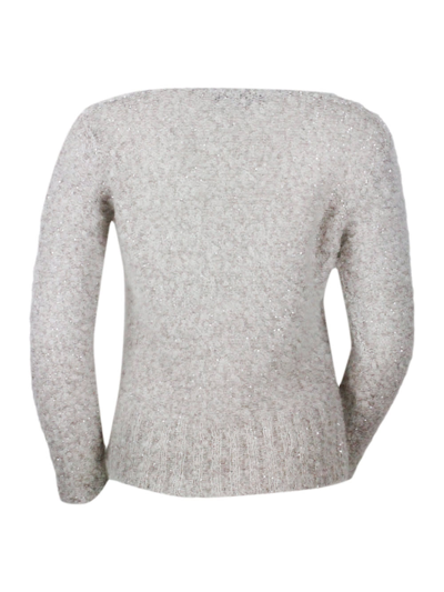 Shop Fabiana Filippi Long-sleeved V-neck Sweater In Mohair Bouclè With Sequins, Side Slits And Slim Fit In Beige