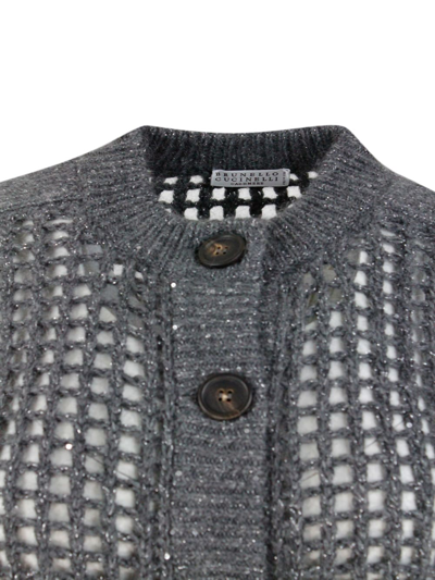 Shop Brunello Cucinelli Long-sleeved Mesh Cardigan Sweater In Fine Wool, Cashmere And Mohair Embellished With Lamè Yarn For  In Grey