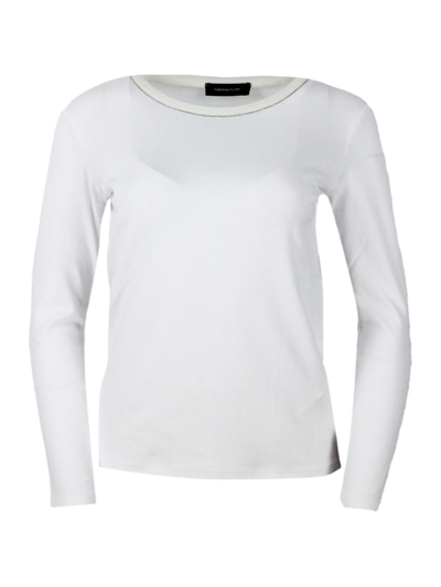 Shop Fabiana Filippi Long-sleeved Crew-neck T-shirt In Ribbed Cotton Jersey With Knit Collar And Embellished With A Shiny In White