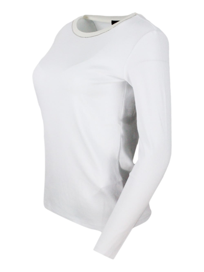 Shop Fabiana Filippi Long-sleeved Crew-neck T-shirt In Ribbed Cotton Jersey With Knit Collar And Embellished With A Shiny In White