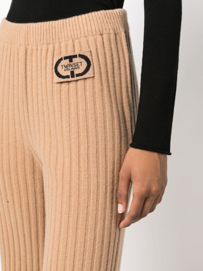 Shop Twinset Logo-patch Ribbed-knit Trousers In Nude