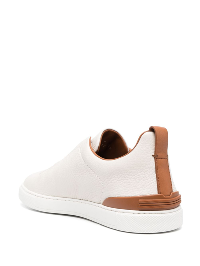 Shop Zegna Triple Stitch Pebbled Leather Sneakers In Neutrals