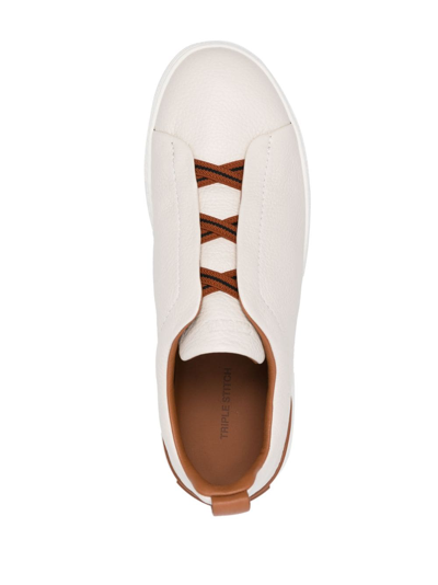 Shop Zegna Triple Stitch Pebbled Leather Sneakers In Neutrals