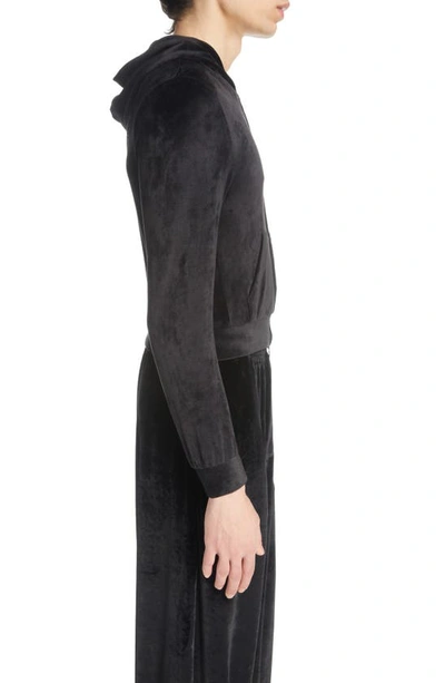 Shop Balenciaga Fitted Crystal Logo Velvet Zip Hoodie In Black