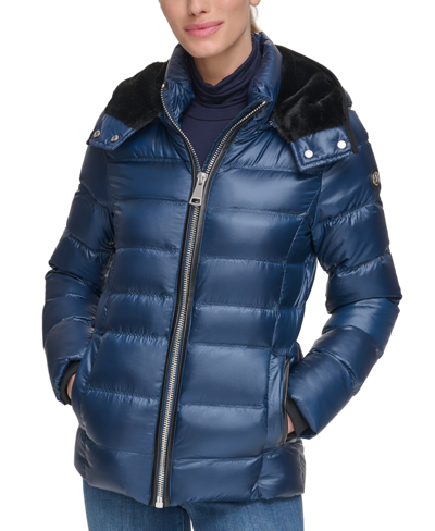Calvin Klein Faux Fur Trim Chevron Quilt Down Puffer Jacket In Shine Slate Blue