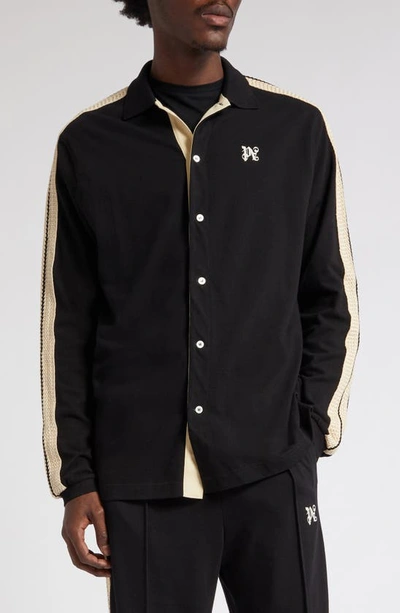 Shop Palm Angels Monogram Linen Button-up Polo Track Shirt In Black Off