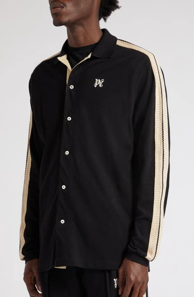 Shop Palm Angels Monogram Linen Button-up Polo Track Shirt In Black Off